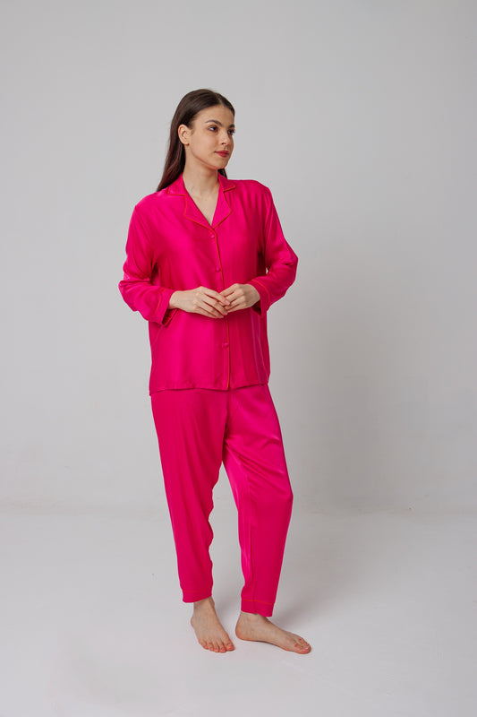 Fushia Satin Long Sleeve Pajama