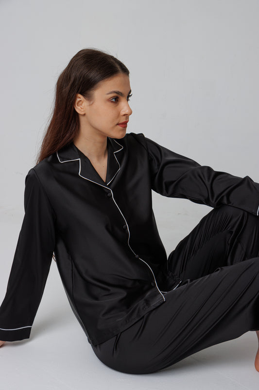 Black Satin Long Sleeve Pajama