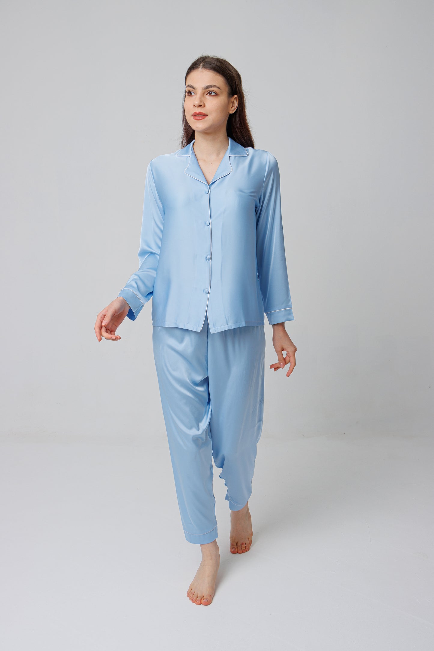 Blue Satin Long Sleeve Pajama