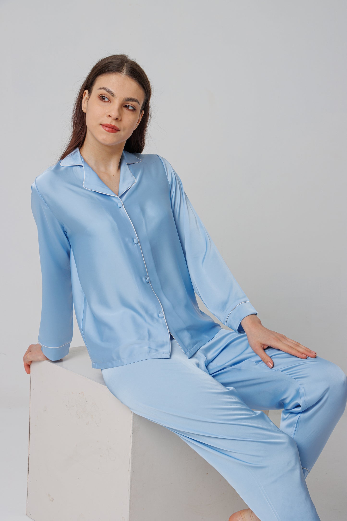 Blue Satin Long Sleeve Pajama