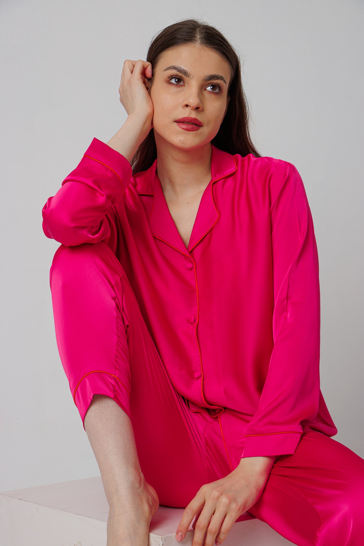 Fushia Satin Long Sleeve Pajama