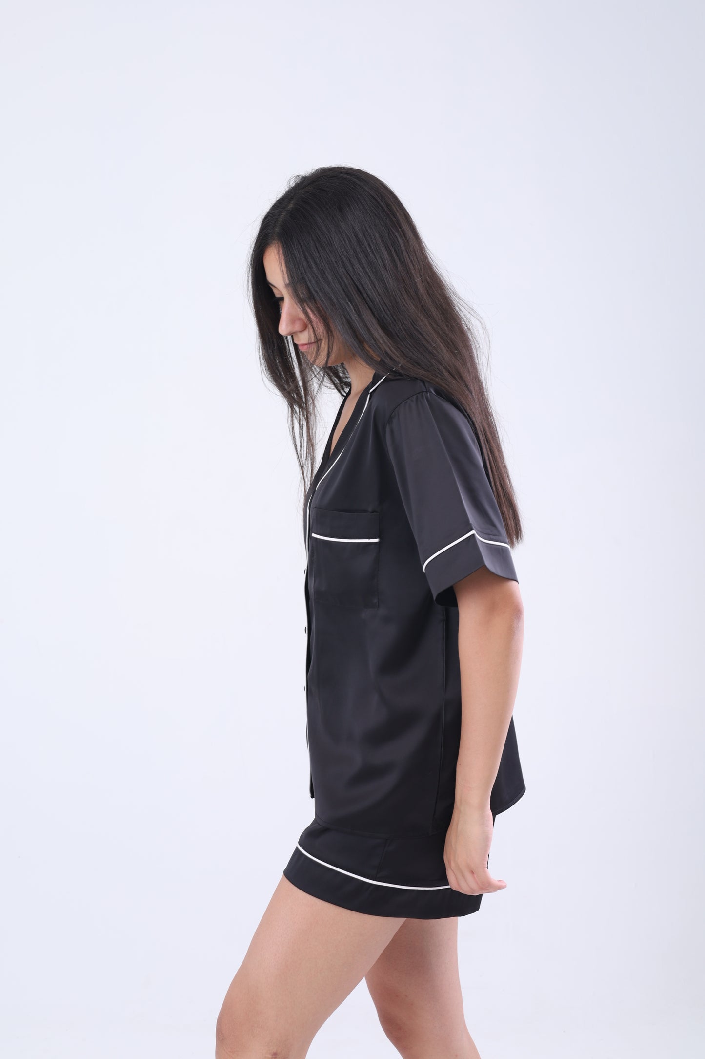 Black Shirt and Short Satin Pajama Set