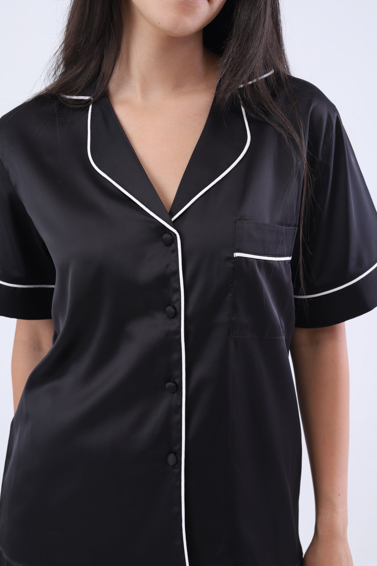 Black Shirt and Short Satin Pajama Set