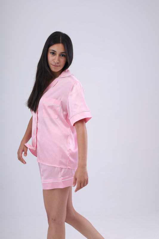 Pink Shirt and Short Satin Pajama Set