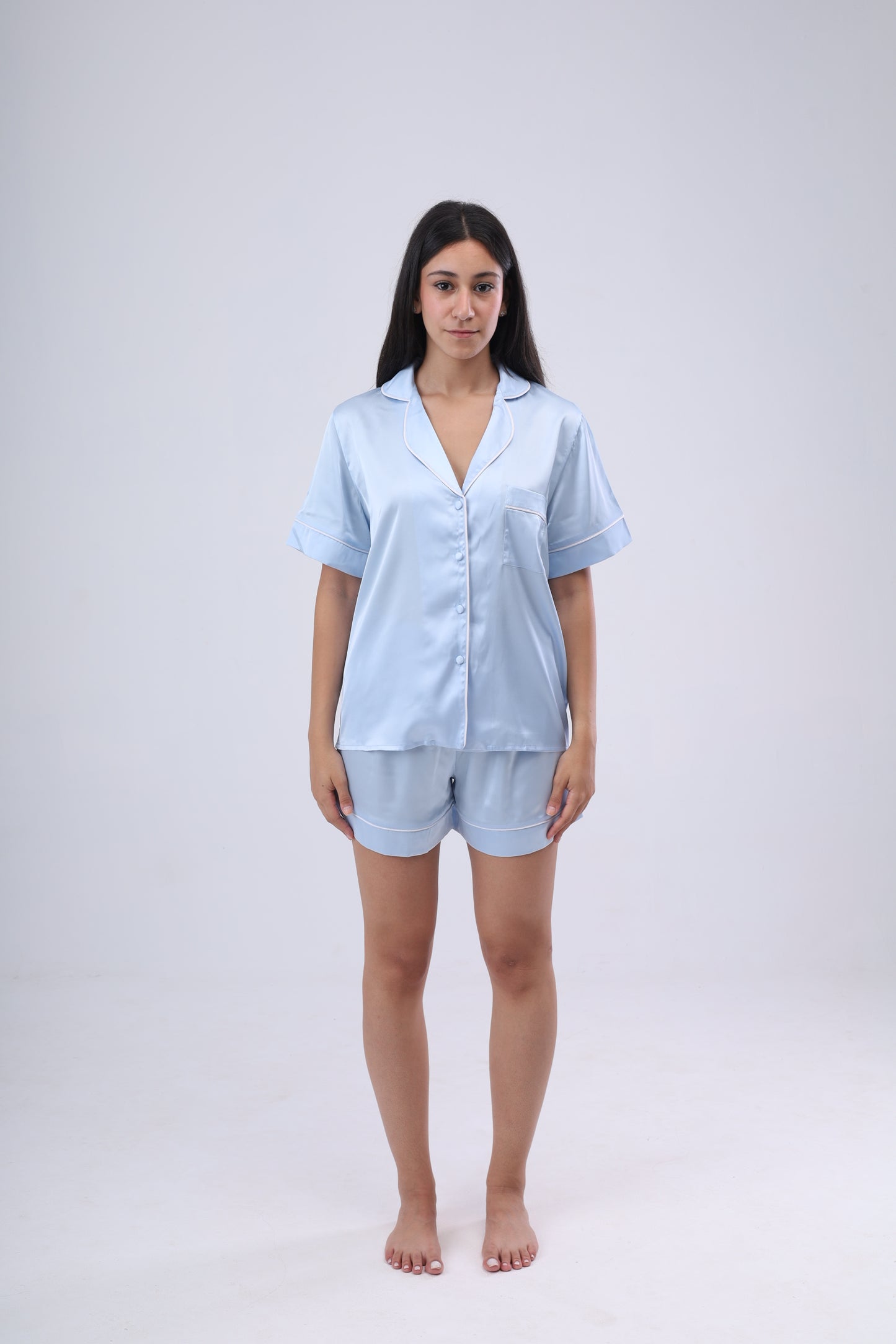 Pastel Blue Shirt and Short Satin Pajama Set