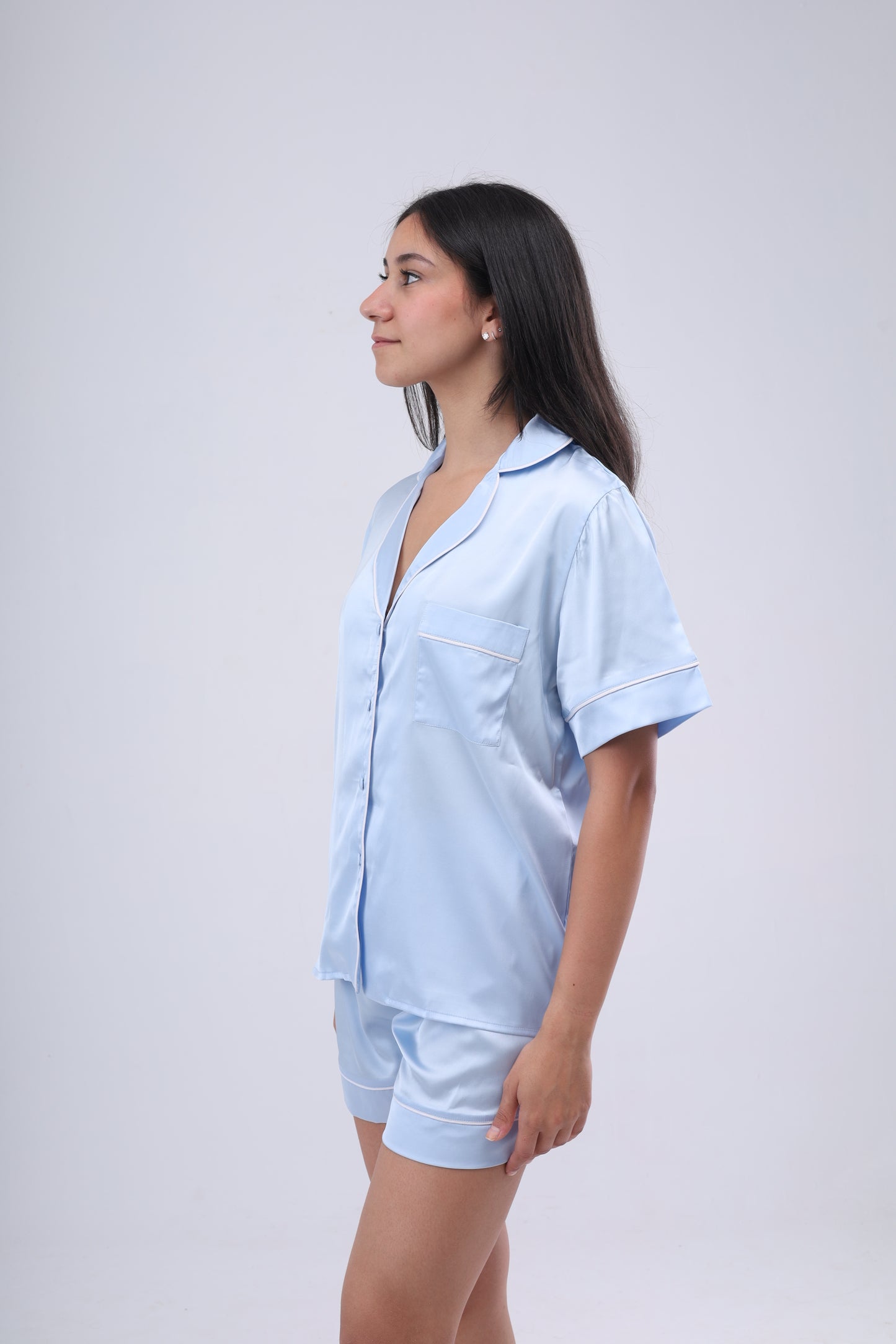 Pastel Blue Shirt and Short Satin Pajama Set