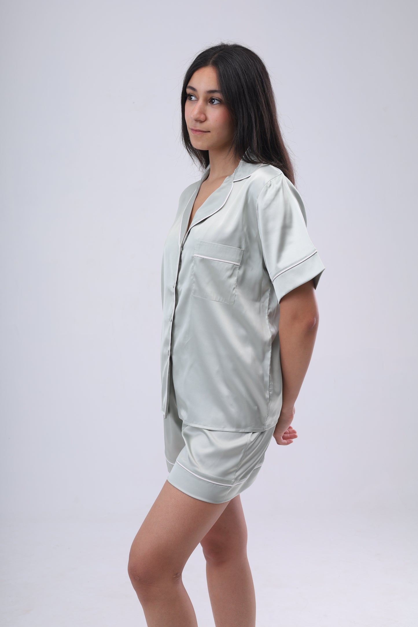 Pastel Green Shirt and Short Satin Pajama Set