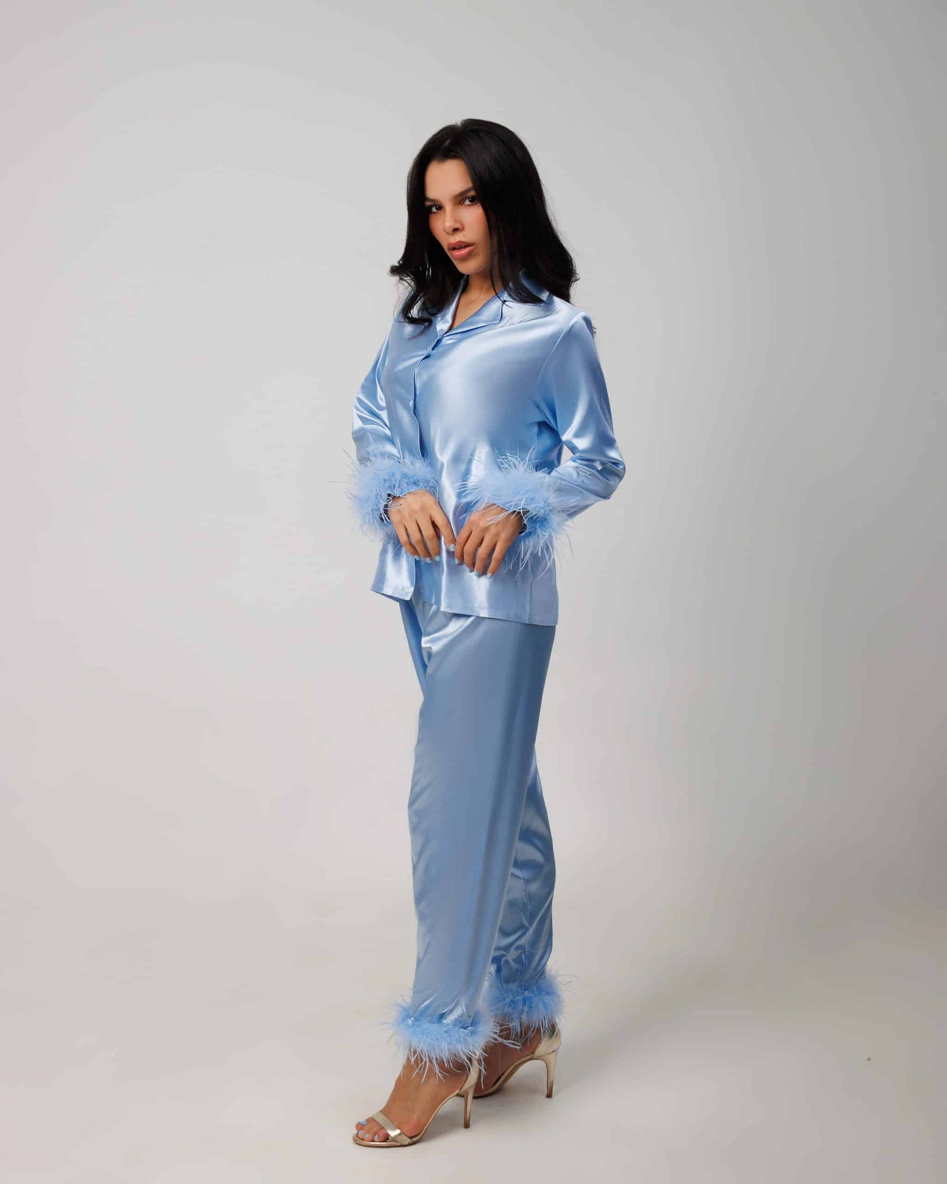Dreamiest Delight Light Blue Satin Feather Two-Piece Pajama Set