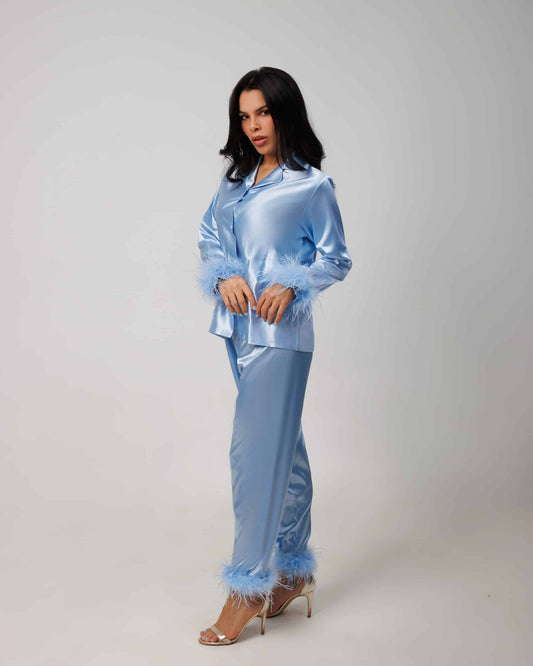 Blue Satin Feathers Pajama