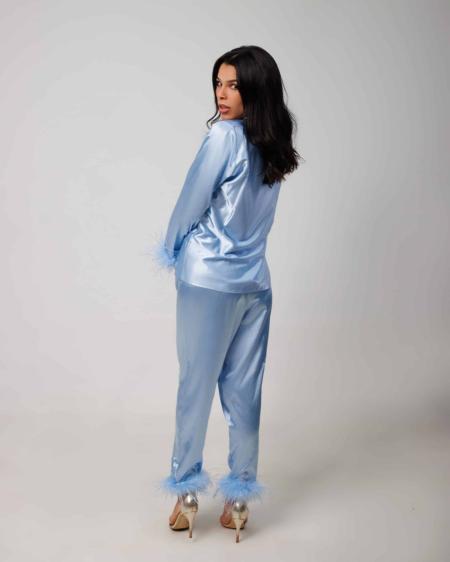 Blue Satin Feathers Pajama